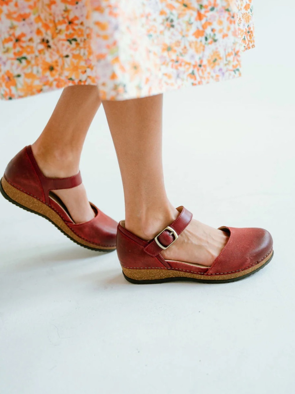 Dansko Women's Mae Red Mary Jane Leather Flats with Buckle Strap